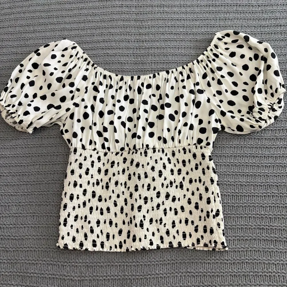 Reformation Polka Dot Smocked Puff Sleeve Top Women's XL Coquette Girly Dainty